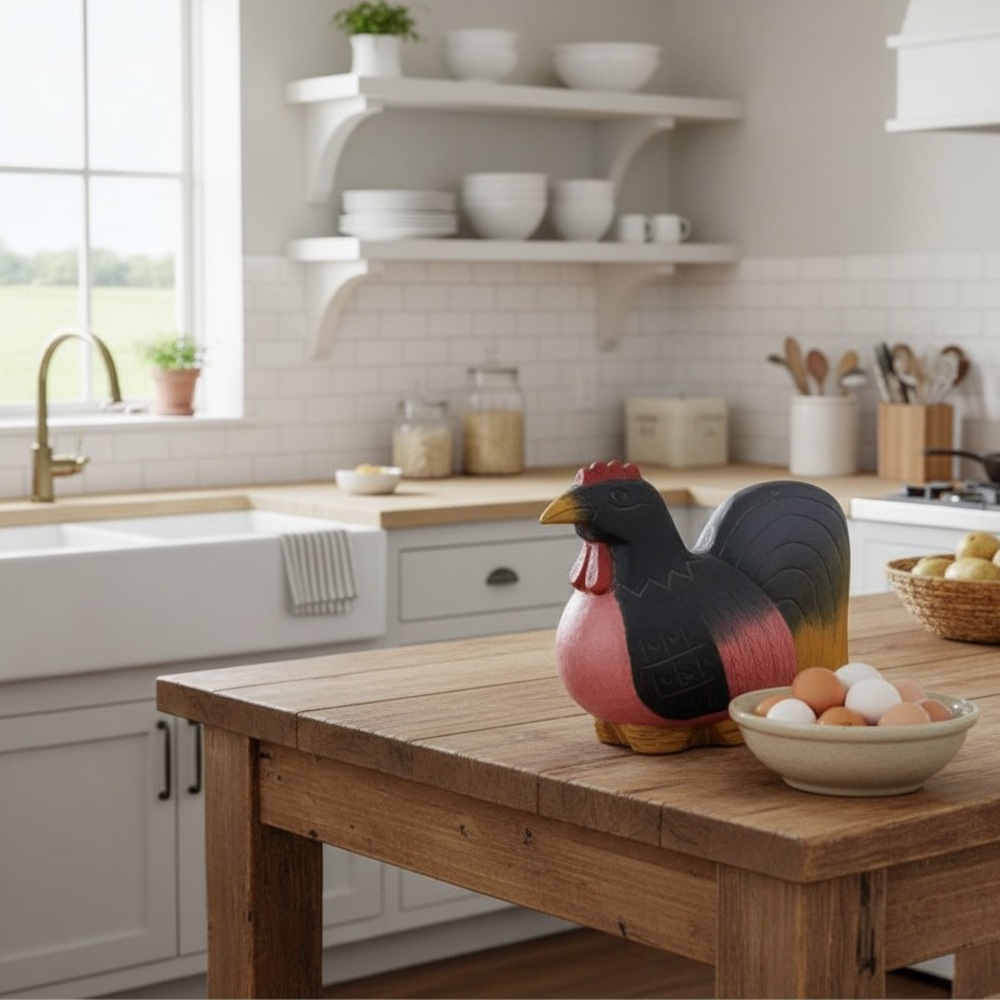 Folk art handmade wooden chicken for kitchen